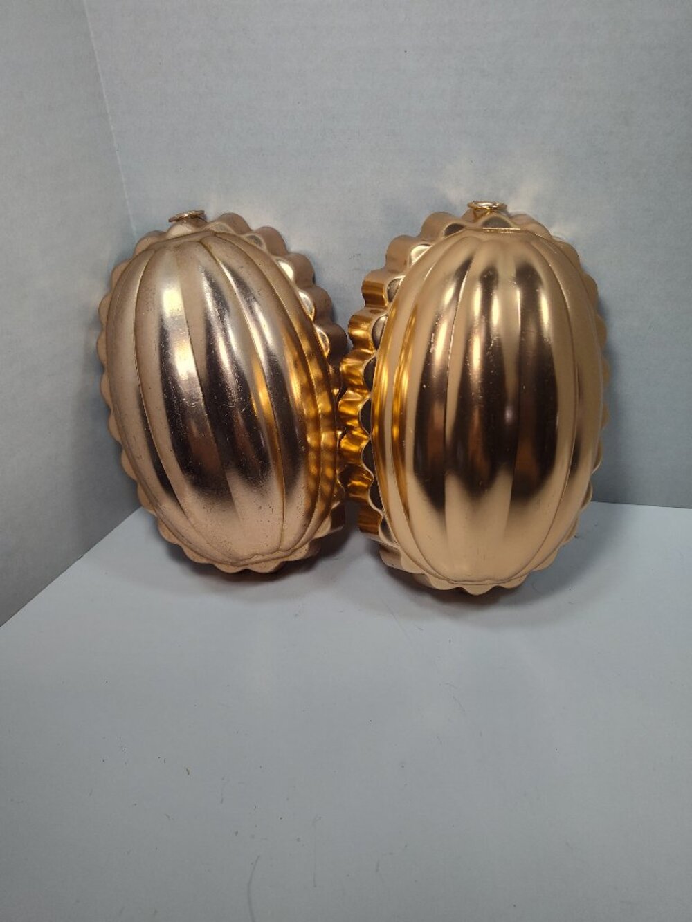 Vintage Copper Tone Aluminum Jello Mold Pair Ribbed Oval Baking Pans Wall Decor